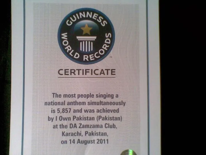 Abid Beli World Record Certificate — National Anthem 2011