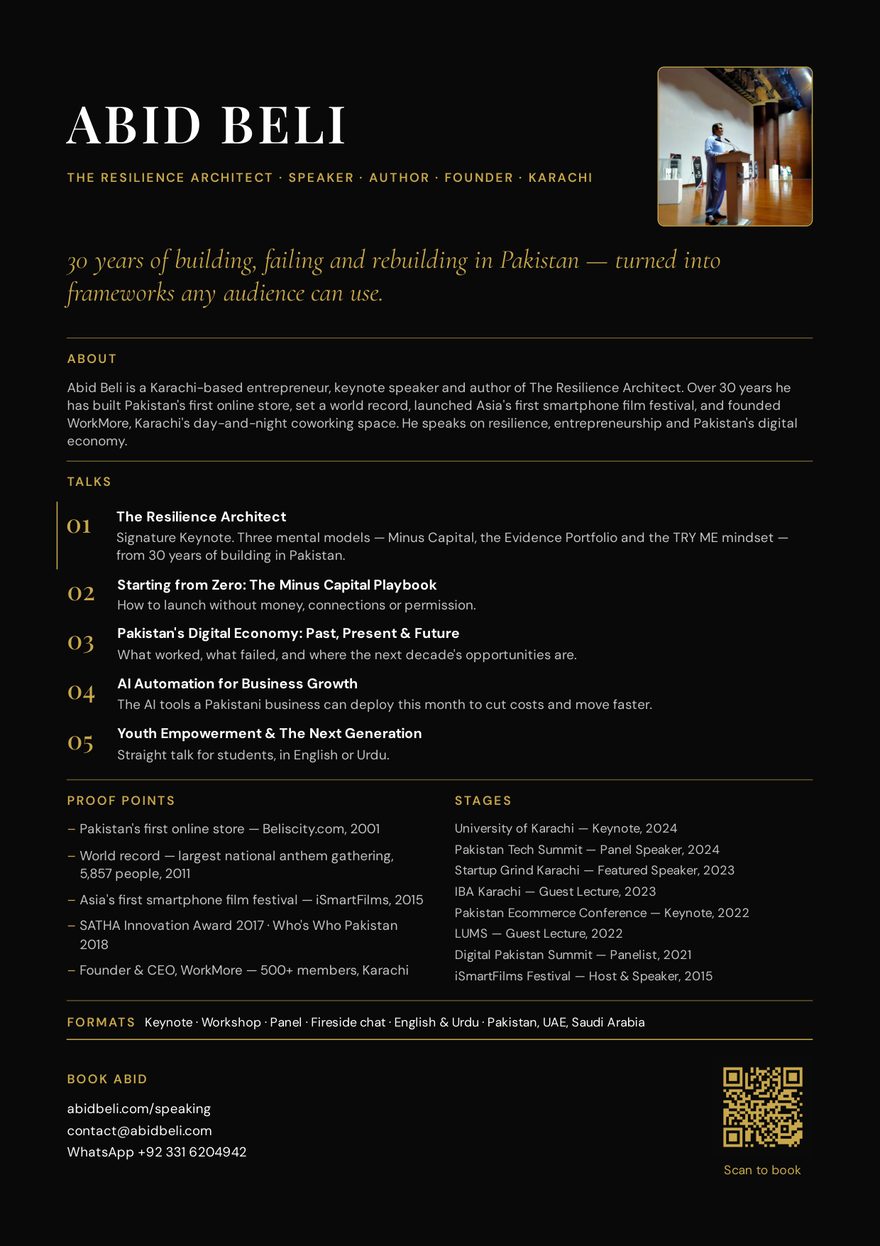 Abid Beli's one-page speaker sheet with talks, proof points and booking details